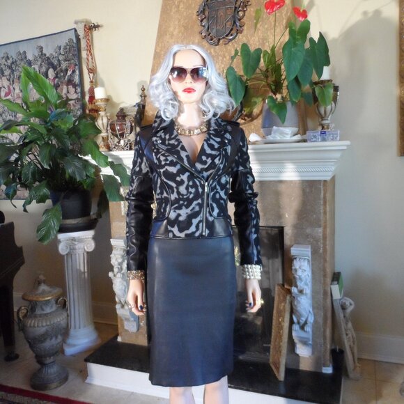 Diane Von Furstenberg Black Leather Skirt /Wool/Leather Moto Jacket Set Size 2/4 - Picture 2 of 16